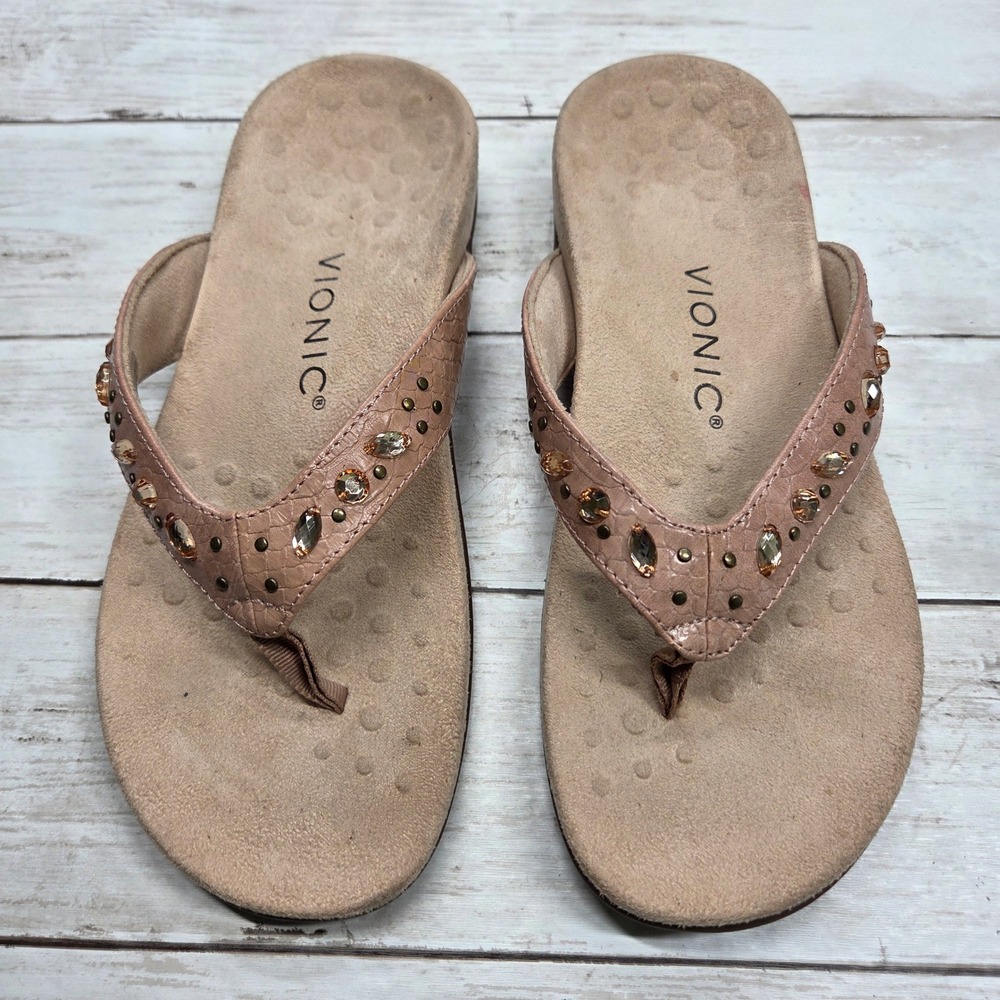 Vionic Lucia SNK II Thong Sandal Orthotic Women 6 Rose Gold Snake Jewel Studded
